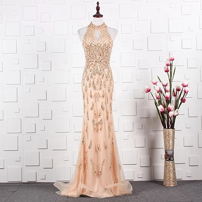 as photo champagne Роскошное вечернее платье в Дубае YY020, вечернее платье с лямкой на шее, вечернее платье Русалка abendkleider - Цвет: as photo champagne