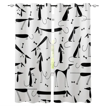 

Dog Canine Black And White Stick Figure Window Curtains LivingRoom Kitchen Curtains Left and Right Biparting Open