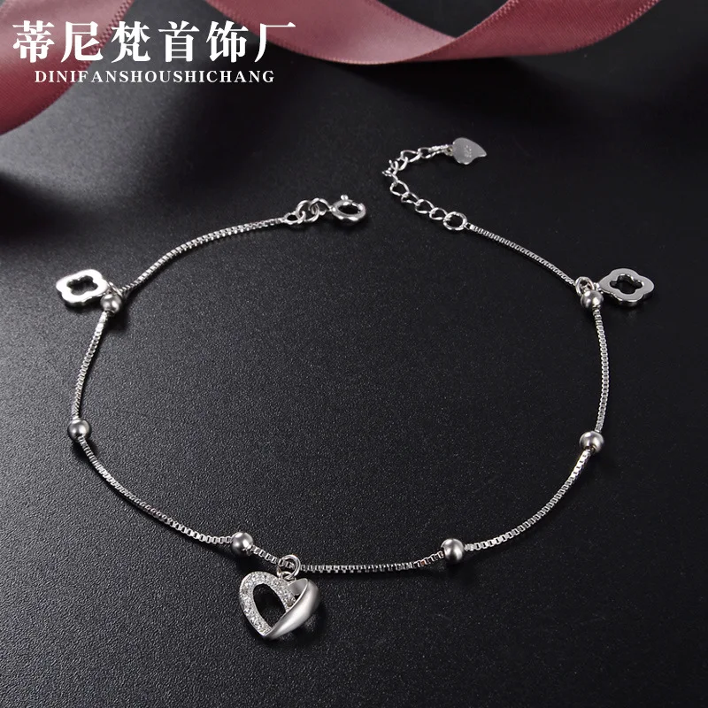 

Korean-style Fashion Sweet Heart Anklet Women's S925 Fine Silver Hipster Lucky Clover round Beads Foot Ornaments Accessories