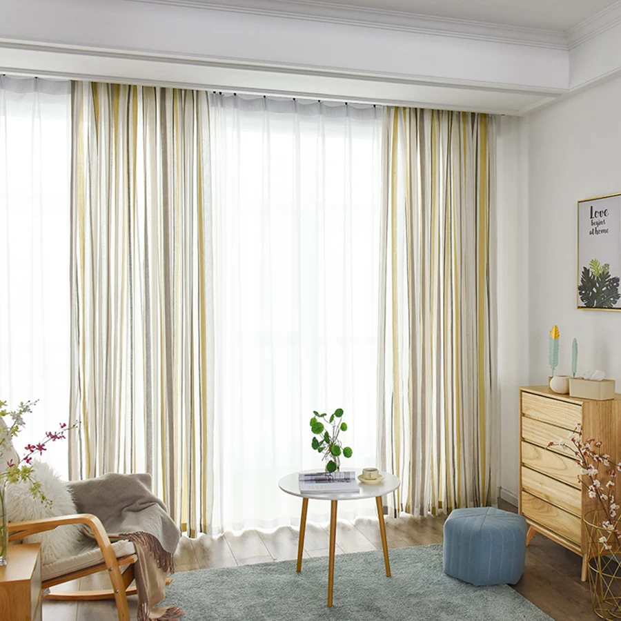 Modern Stripe Impermeable Cotton and Linen Window Curtain Tulle Nordic Thick Partition Semi-Shading Living Room Sheer Drapes#4