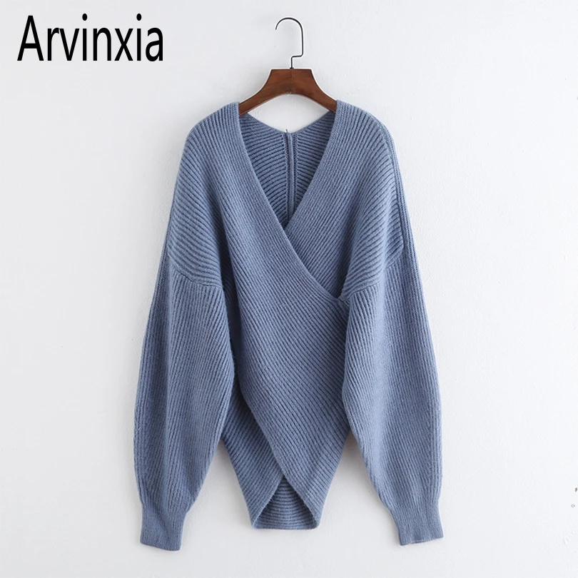 Arvinxia ZA модные однотонные женские свитера с v-образным вырезом и длинным рукавом