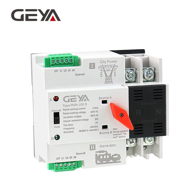 Ceny GEYA 2 biegun ATS Power automatyczny przełącznik transferu 63A 100A 50 60Hz PC klasa ATS podwójna moc transferu na szynę Din 220V