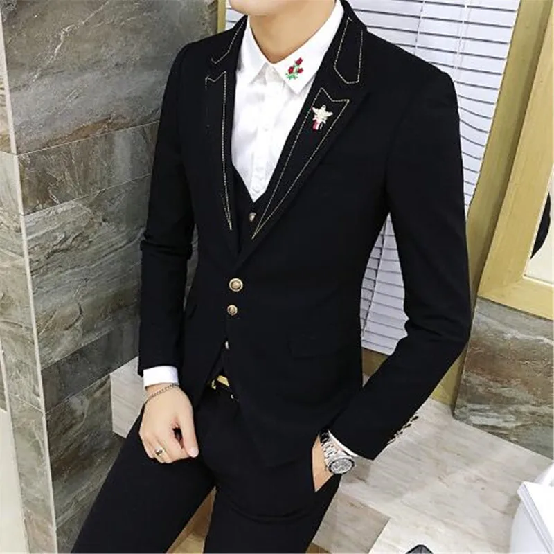 

New Style Black Evening Party Men Suits Peaked Lapel Wedding Groom Tuxedos 3 Pieces Mens Suit (Jacket+Pants+Vest+Tie)