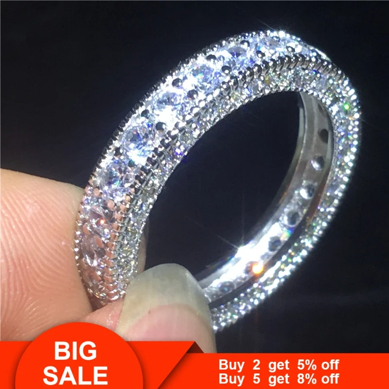 Vecalon Eternity Promise Ring 925 sterling silver 3 Rows Pave AAAAA Cz statement Wedding band rings for women Men Fine Jewelry