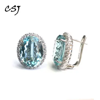 

CSJ blue topaz quartz gemstone noble Earring Sterling 925 Silver oval12*16mm 18Ct Fine Jewelry For Women Lady or mother Gift Box