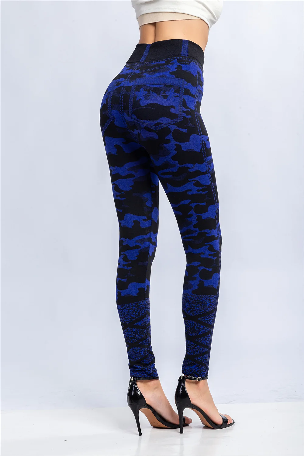 2021 Women's Large High Waist Fake Jeans Fashion Camouflage Printing Imitation Pocket Pants Super Elastic Tight Imitation Jeans brown leggings