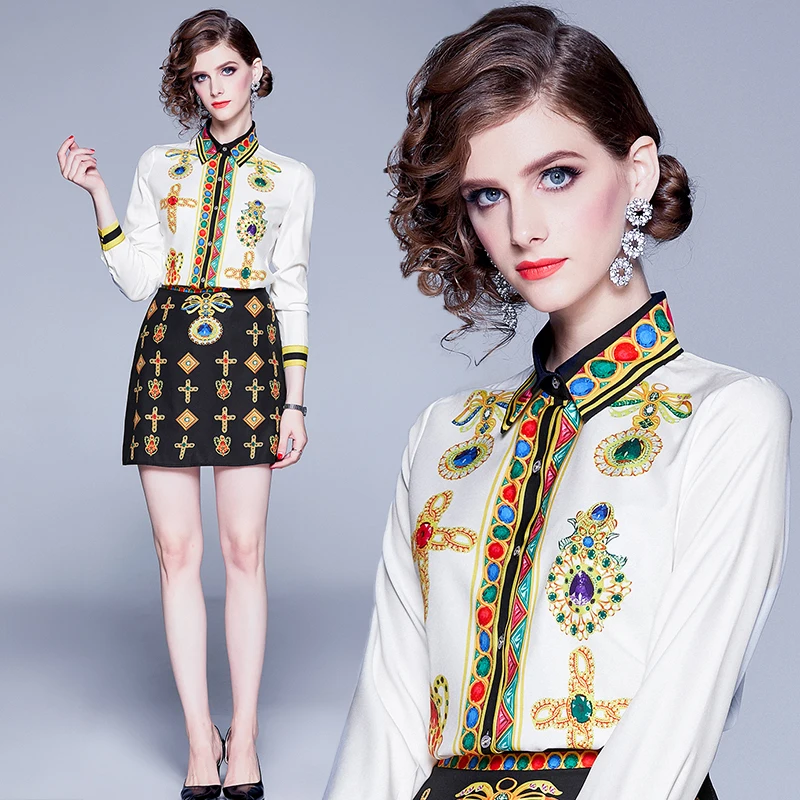 2019 Spring Summer Fall 2pcs Women Set Vintage Print Top Shirt Blouse Skirt Suit