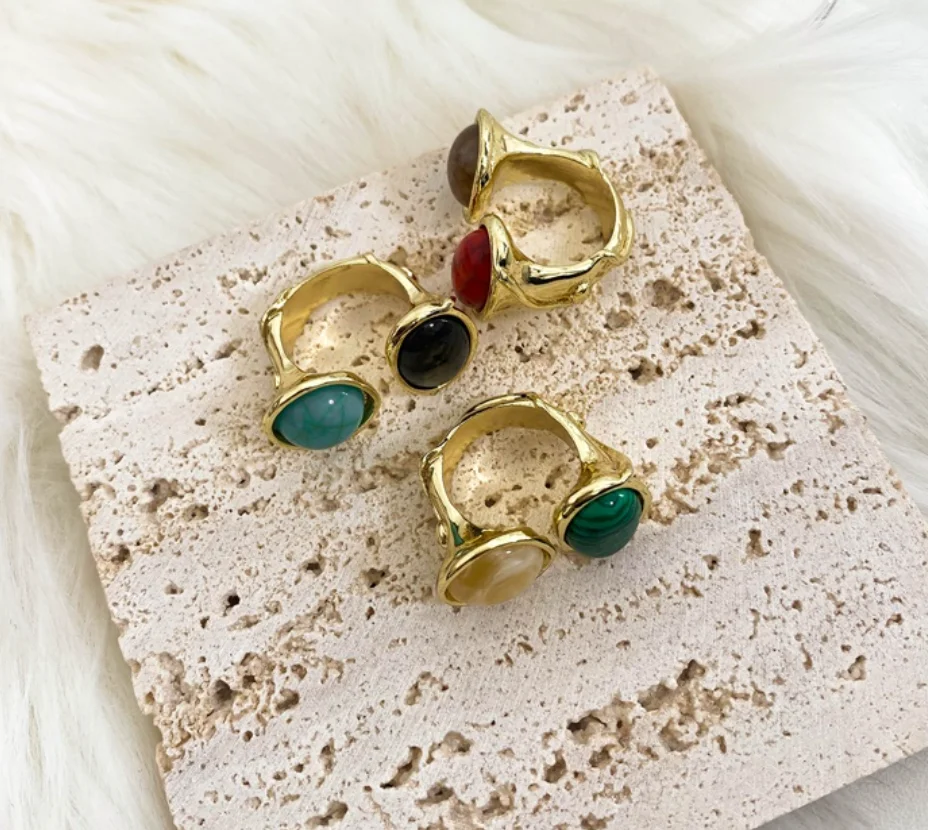 2023 trend French retro design irregular gemstone hit color two-tone open rings for women fashion jewelry