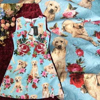 

2YDS/Lot Fashion Rose dog digital painting fine twill brocade fabric for dress plush fabrics tissu au metre telas Printed Fabric