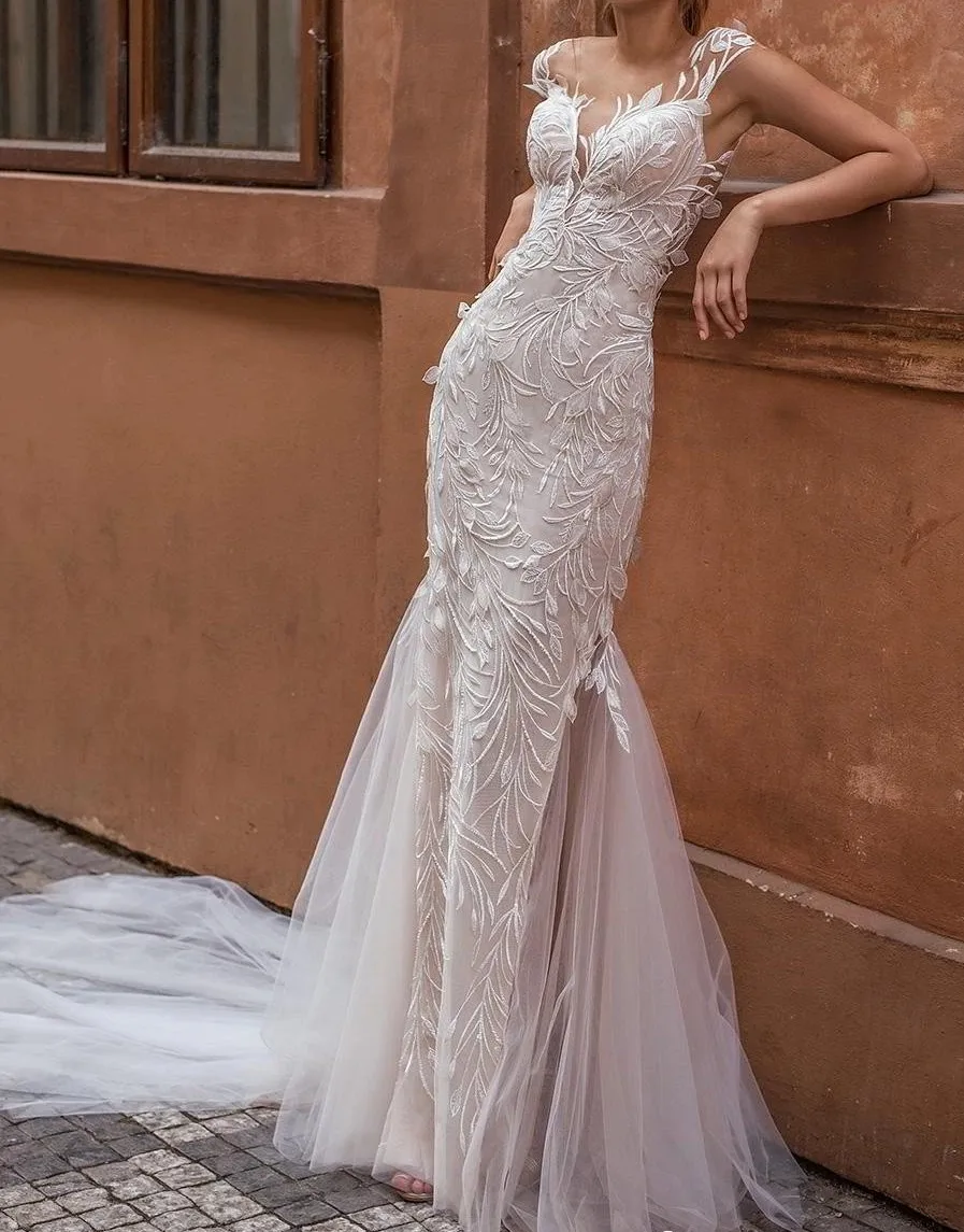 Модное кружевное свадебное платье русалки соблазнительное Тюлевое Свадебные платья с глубоким вырезом на спине с коротким рукавом Vestido De Noiva