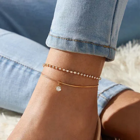 Female Anklets Simple Silver Color Heart Barefoot Crochet Sandals Foot Jewelry Two Layer Bracelet Anklets for Women