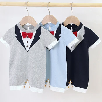 

Baby Rompers Summer Gentleman Knitted Baby Boys Jumpsuit Clothes Short Sleeved Newborn Boy Overalls Children Party Costume