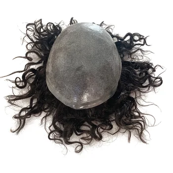 Parrucchino da uomo con base in pelle sottile, capelli sempre ondulati, capelli umani Remy, trama riccia