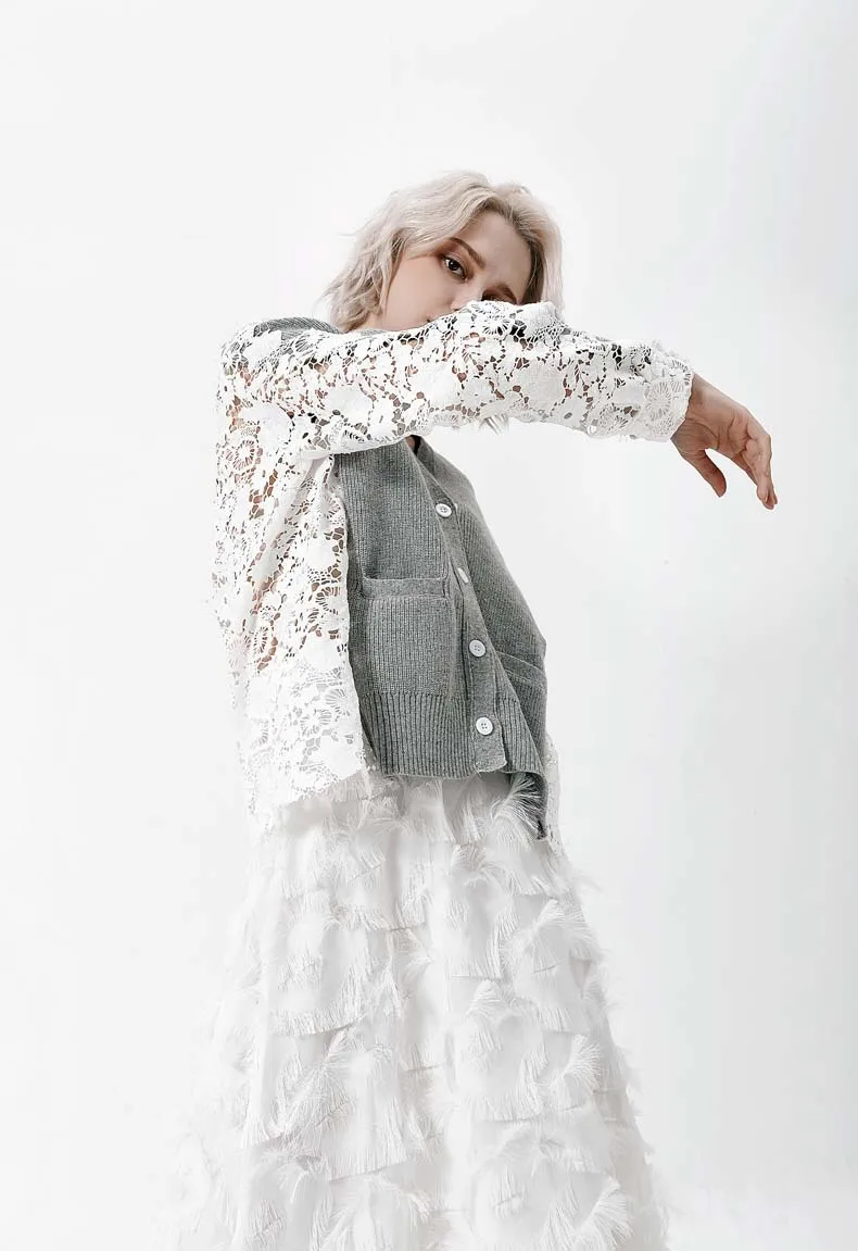 [EAM] 2021 новая весенне осенняя модная серая Лоскутная кружевная однобортная