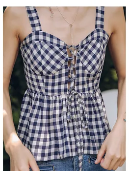 

Original Design AIGYPTOS Women New Summer Vintage Camisole Sexy V-Neck Hollow Out Bandage Slim Waist Plaid Cotton Tanks Tops