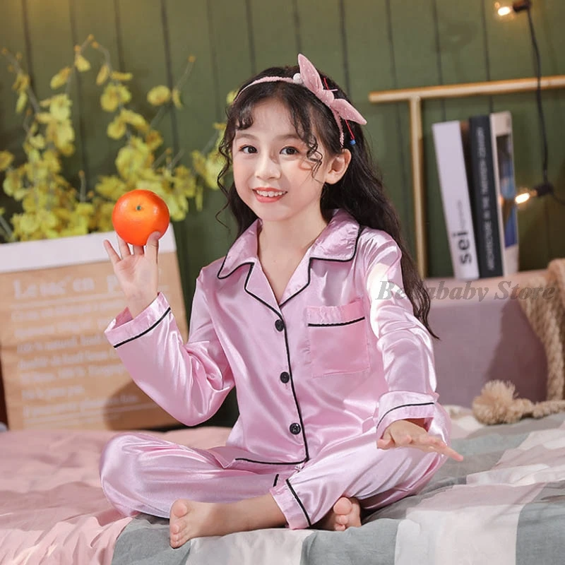 Pajamas Sets Children Pajamas Kids Clothes Sets Kids Satin Pajama Sets Pink Gold Silk Long Sleeve Top Pants Pijama Baby Girl Sleepwear Child Boys Pyjamas Autumn
