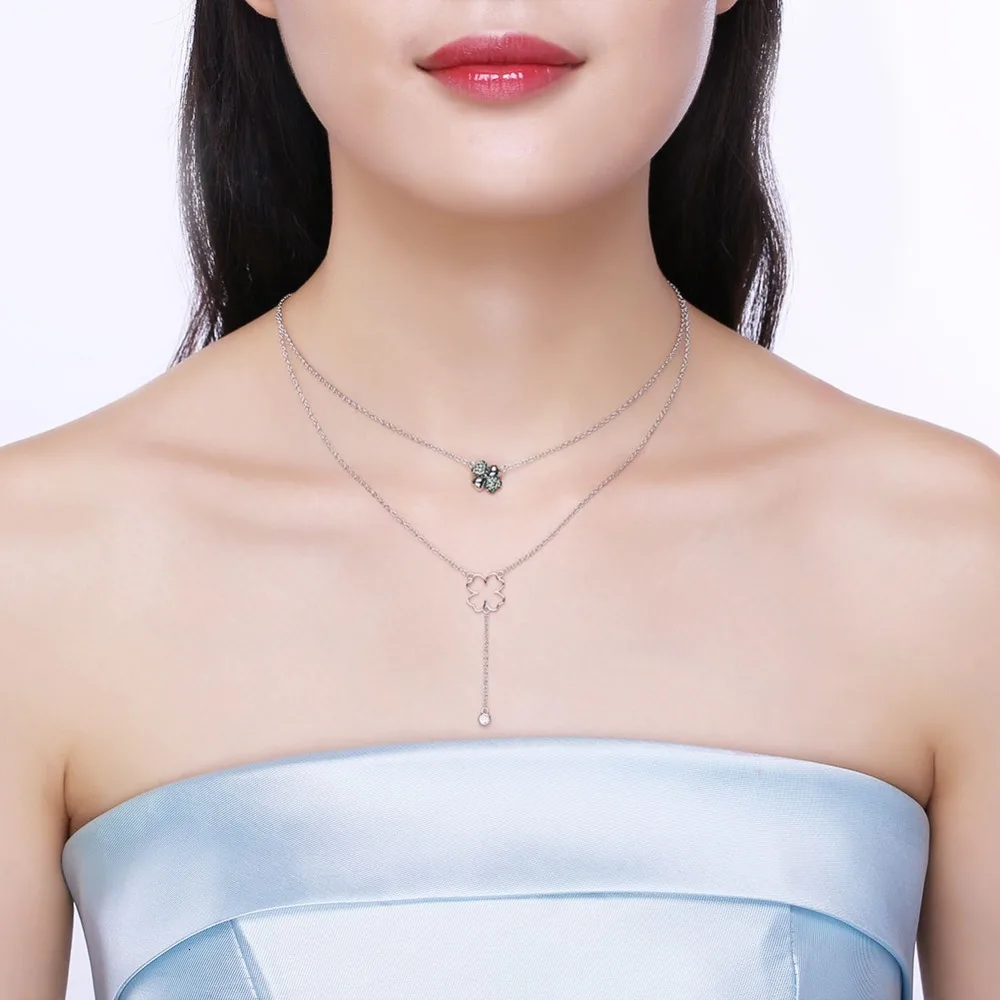 Lekani S925 Sterling Silver Crystals From Swarovski Necklaces For Women Lucky Four Leaf Clover Fine Jewelry Lover Gifts