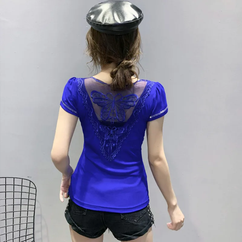 #7141 Spliced Mesh Backless Sexy Short Sleeve T Shirt Women V-Neck Womens Tshirt With Diamonds Basic T-shirt Femme Black Blue