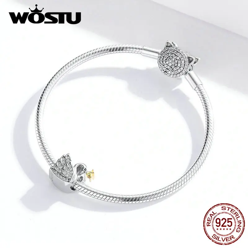 WOSTU Настоящее 925 пробы серебро принцесса лебедь циркониевые амулеты подходят браслет кулон DIY ожерелье Роскошные ювелирные изделия DXC1343
