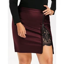 Юбка с кружевом женские осень Повседневное размера плюс Высокая Талия тонкое кружевное лоскутное молнии кожаная юбка для офиса, мини платья-карандаш на завязках с юбка из искусственной кожи