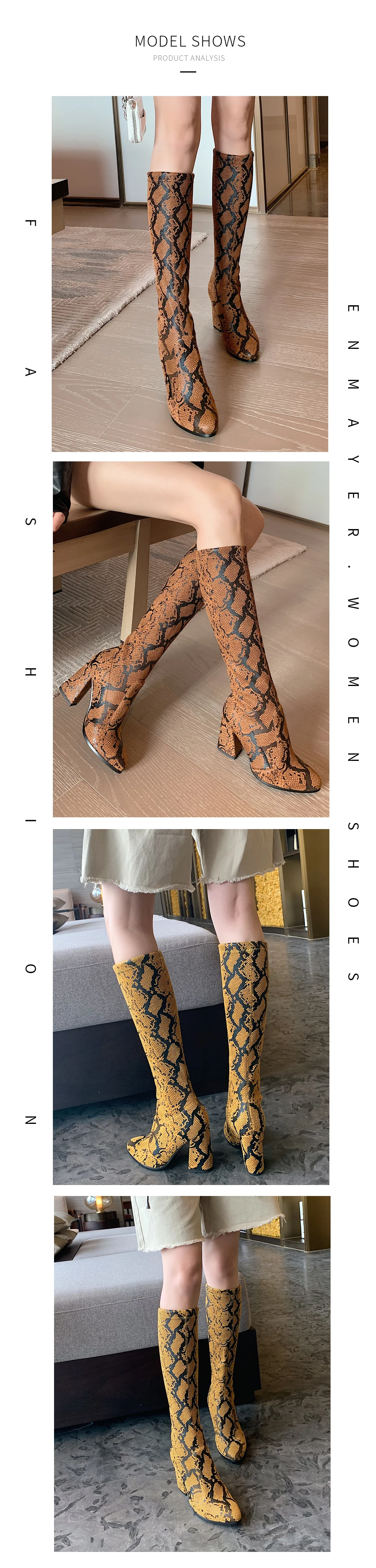 ENMAYER Slip-On Stretch Fabric Knee High Boots Women Shoes Csaual Hoof Heels Basic PU Winter Boots Women Size 34-43
