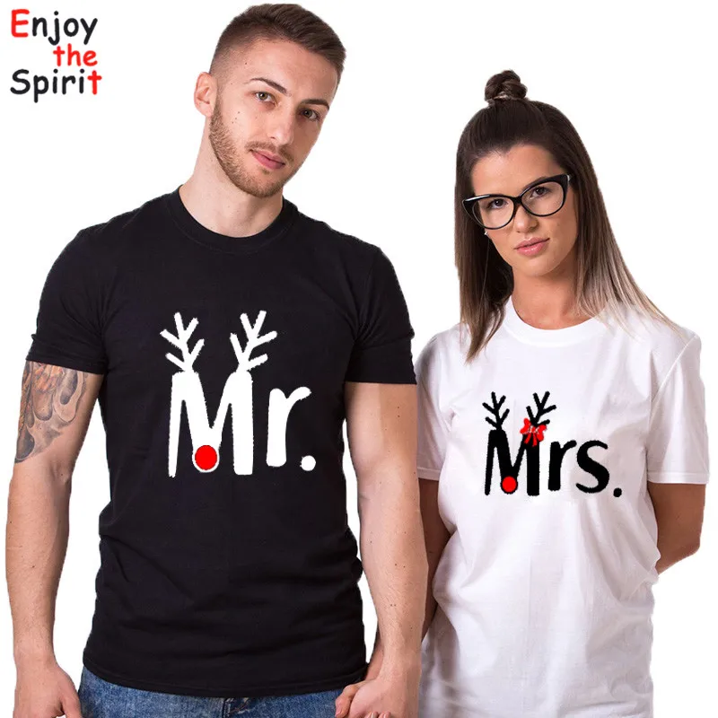 Рождественские футболки в тон для пары Mr and Mrs модная повседневная Рождественская