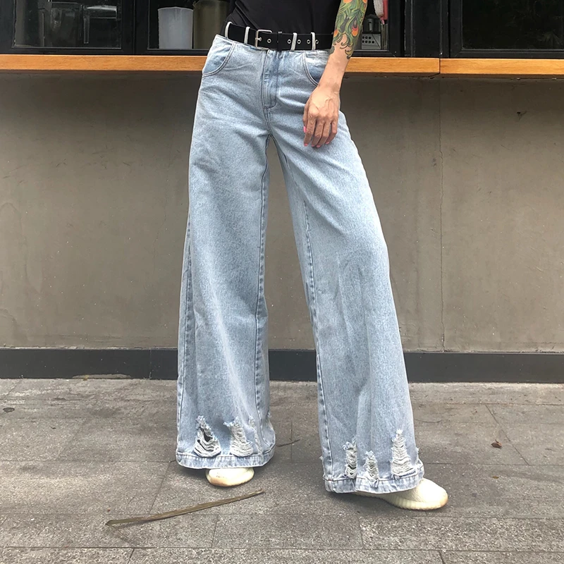 TWOTWINSTYLE уличная выдалбливают джинсовые женские Брюки Высокая талия с поясом карман широкие джинсы женские осень мода