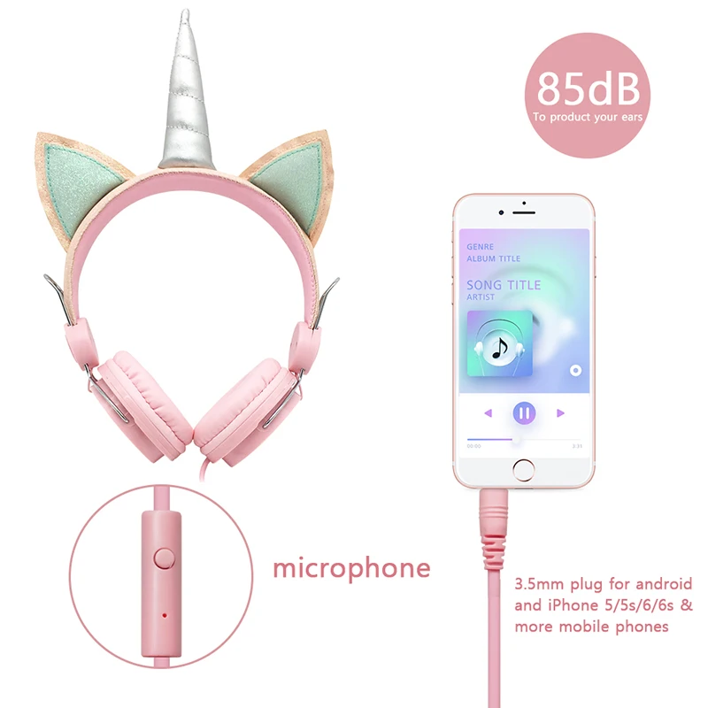 Cute Kids Headphones With Microphone Unicorn Wired Cascos Mobile Phone Gamer Headset Girl Music Helmet with Bracelet Gifts
