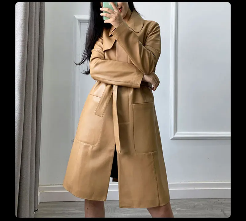 Novmoop Office lady slim black khika sheepskin genuine leather jacket women coat with big pocket sashes chaqueta muje LT2821
