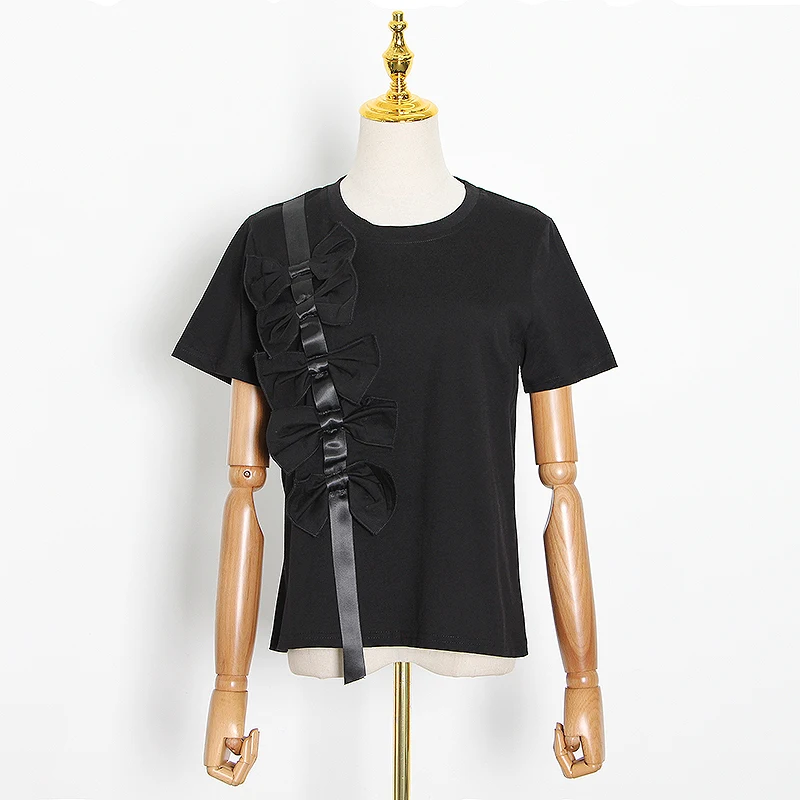 

Bow Women T Shirt O Neck Short Sleeve Loose Asymmetrical For Female Fashion Clothing Tide Casual Patchwork T-shirt