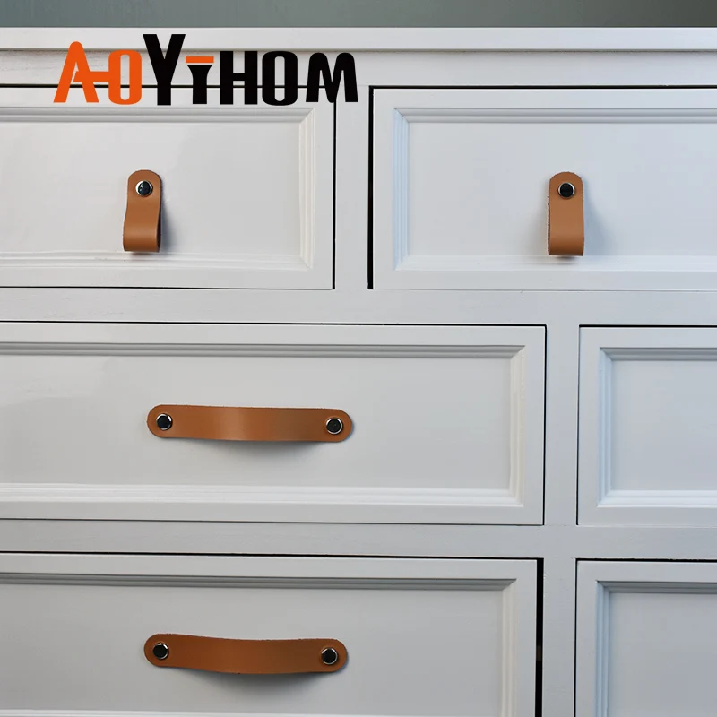 AOYIHOM Retro Style Khaki Kitchen Furniture Handle American Leather Drawer Dressing Table Knob Shoe Cupboards Wardrobe Door Pull furniture handles kitchen door handles