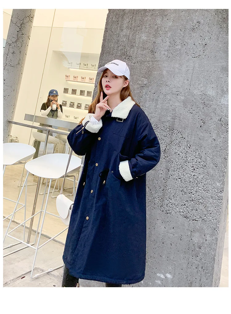 Women Lamb Wool Collar Long Hooded Oversize Winter Dress Down Coat Thick Warm Jacket Cotton Padded Wadded Parkas 3D Big Pocket