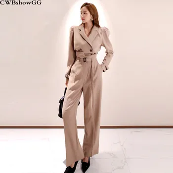 

New Two-Piece Set 2019 Autumn And Winter Vintage Notched Collar Double-Breasted Shirt + Fashion High Waist Pants Two-Piece Set