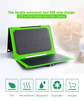 

18w foldable solar charger dual USB waterproof phone charging power bank translator camera phone 5v port for hiking climbing rv