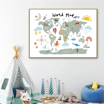 

Alphabet Nursery Wall Art Canvas Educational ABC Poster Water color World Map Prints Illustration Nordic Kids Decoration Picture