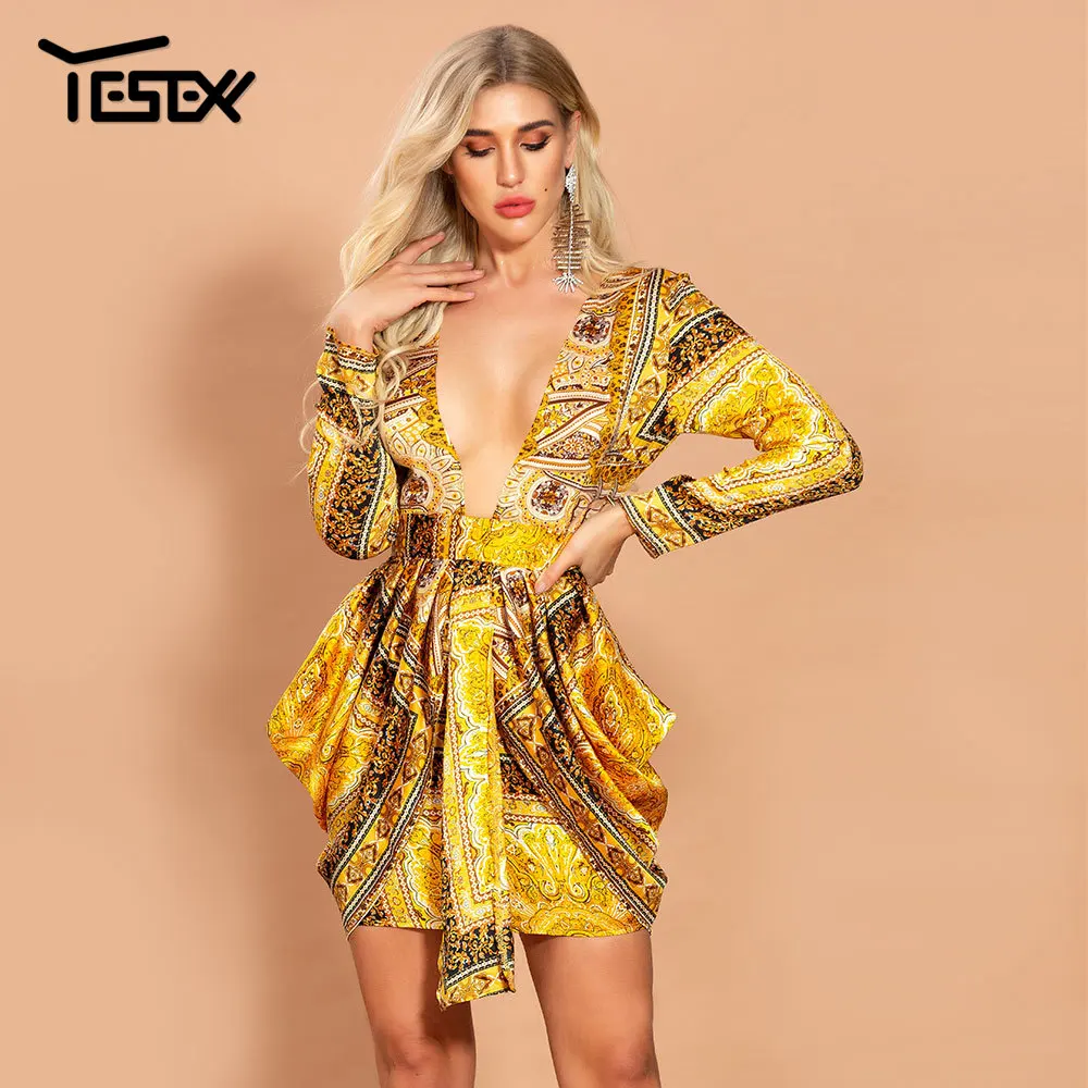 Женское мини-платье Yesexy желтое плиссированное платье с глубоким v-образным