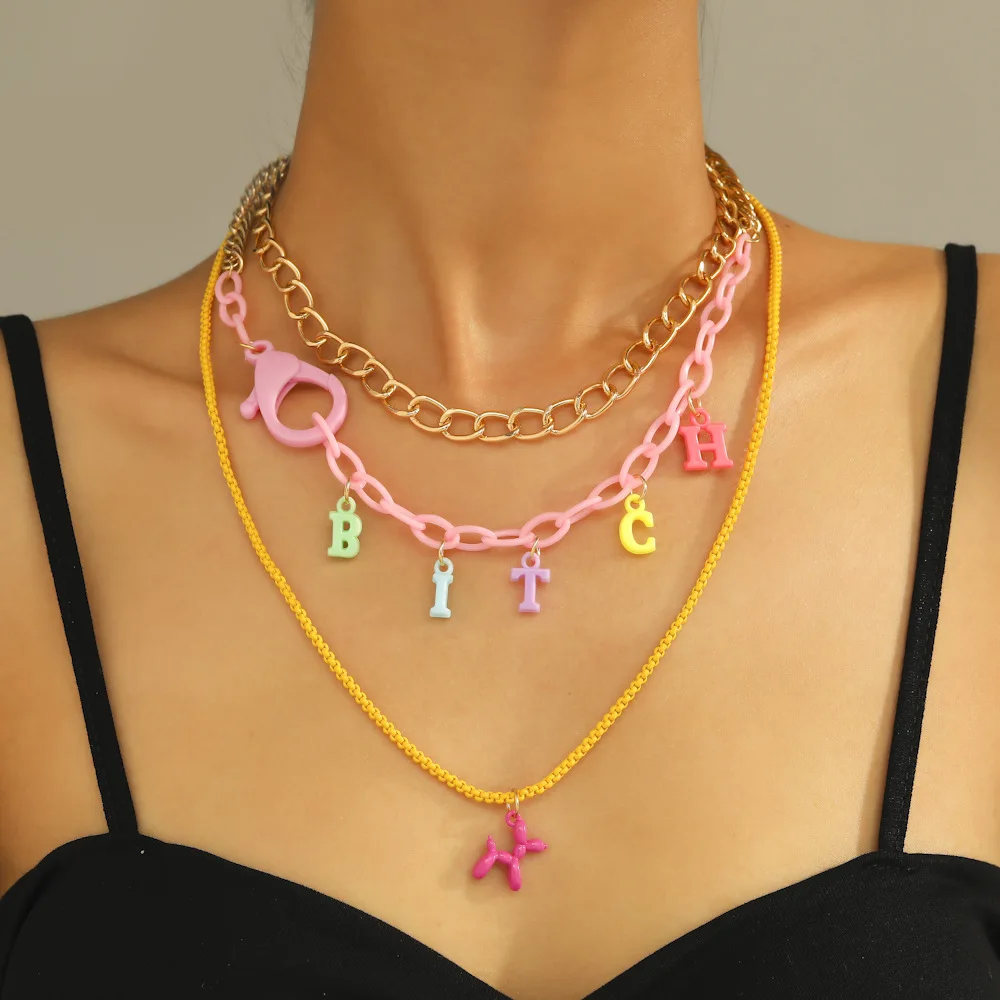 Trend INS Gold Color Multi-layer Bitch Necklace for Woman Cartoon Balloon Dog Letter Necklace Party Gift Punk Hip Hop Jewelry