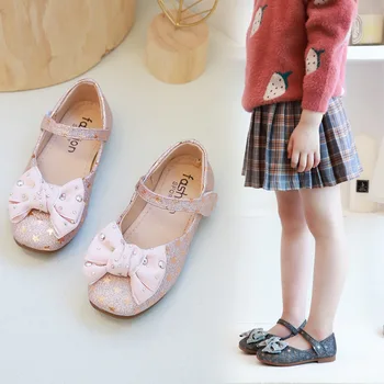 

Girls Princess single shoes fashion spring autumn girl bow rhinestones casual shoes big children soft bottom shoes