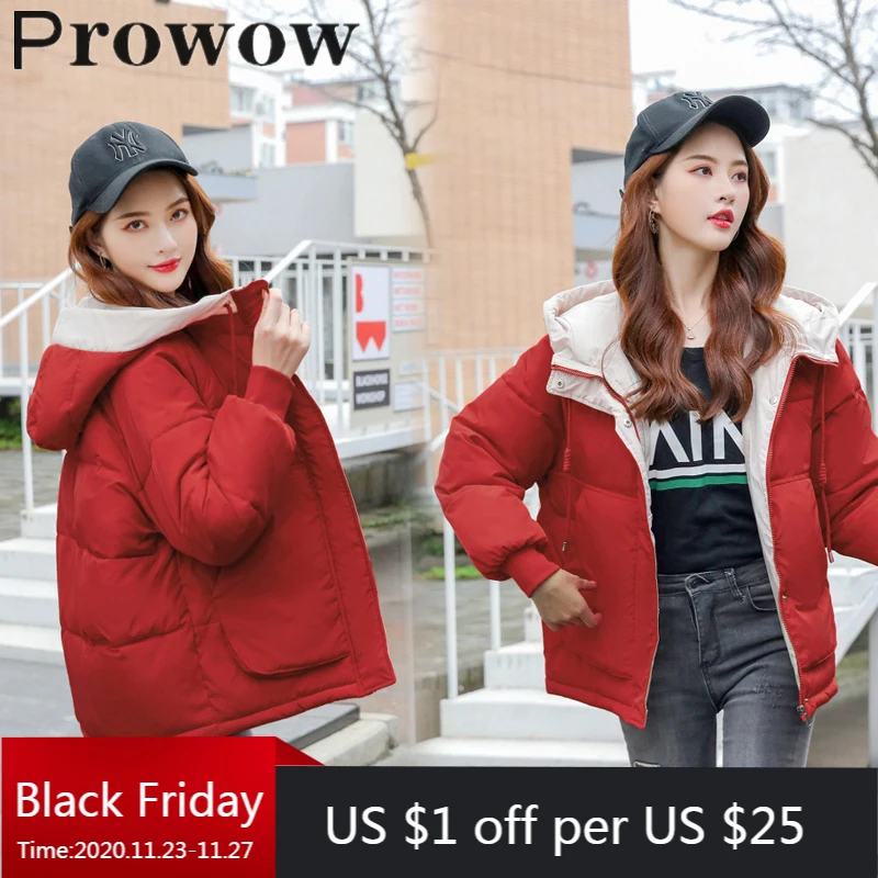 

Prowow winter short parkas Korean jacket women pocket solid loose Hooded simple zipper thick fashion female coat S-3XL