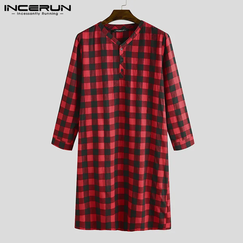 2022 Men Sleep Robes Long Sleeve V Neck Plaid Nightgowns Man Button Loose Breathable Sleepwear Causal Long Bathrobes Plus Size 7 pajama pants Men's Sleep & Lounge