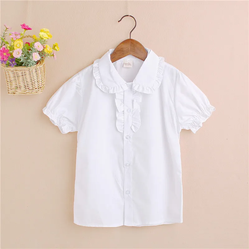 Foreign Trade Childrenswear Summer Girls' Short Sleeve Shirt Fold-down Collar Peter Pan Collar Pleated Sweet Solid Color Sh