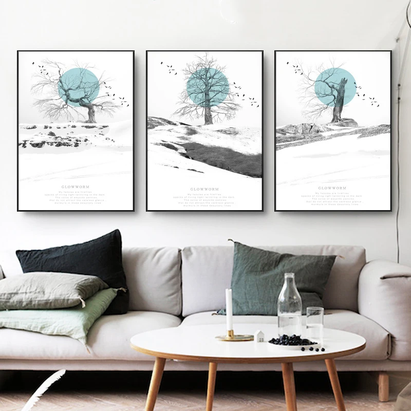 

Nordic Poster Prints White Snow Tree Blue moon sun bird Wall Decor Wall Art Canvas Painting Wall Pictures For Living Room Quadro