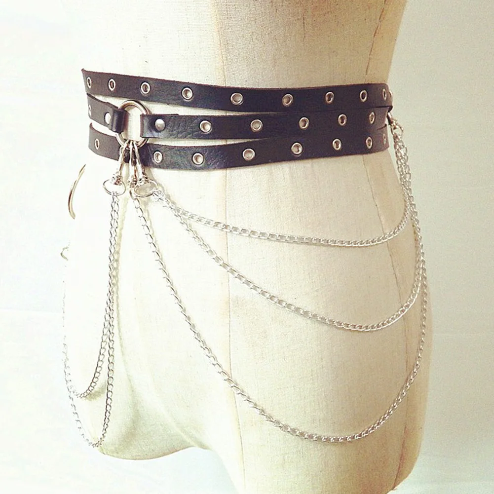Women Decorative Clothes Accessories Practical Adjustable Big Circle Waistband Soft Fashion PU Leather With Chain For Dress Sexy