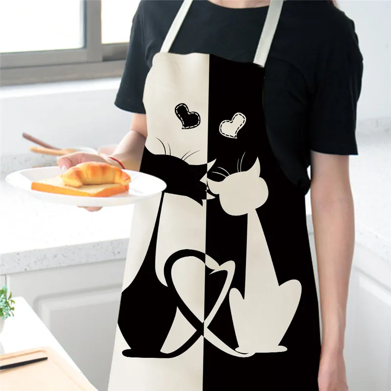 Cute Cat Pattern Kitchen Aprons Women Adult Kids Black White Cartoon Cat Cotton Linen Bibs Home Cooking BBQ Apron