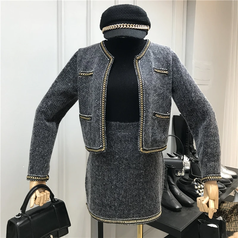 ALPHALMODA, весеннее модное шерстяное короткое пальто+ юбка с высокой талией, двухсекционный костюм для женщин, элегантный тонкий наряд, комплект с юбкой