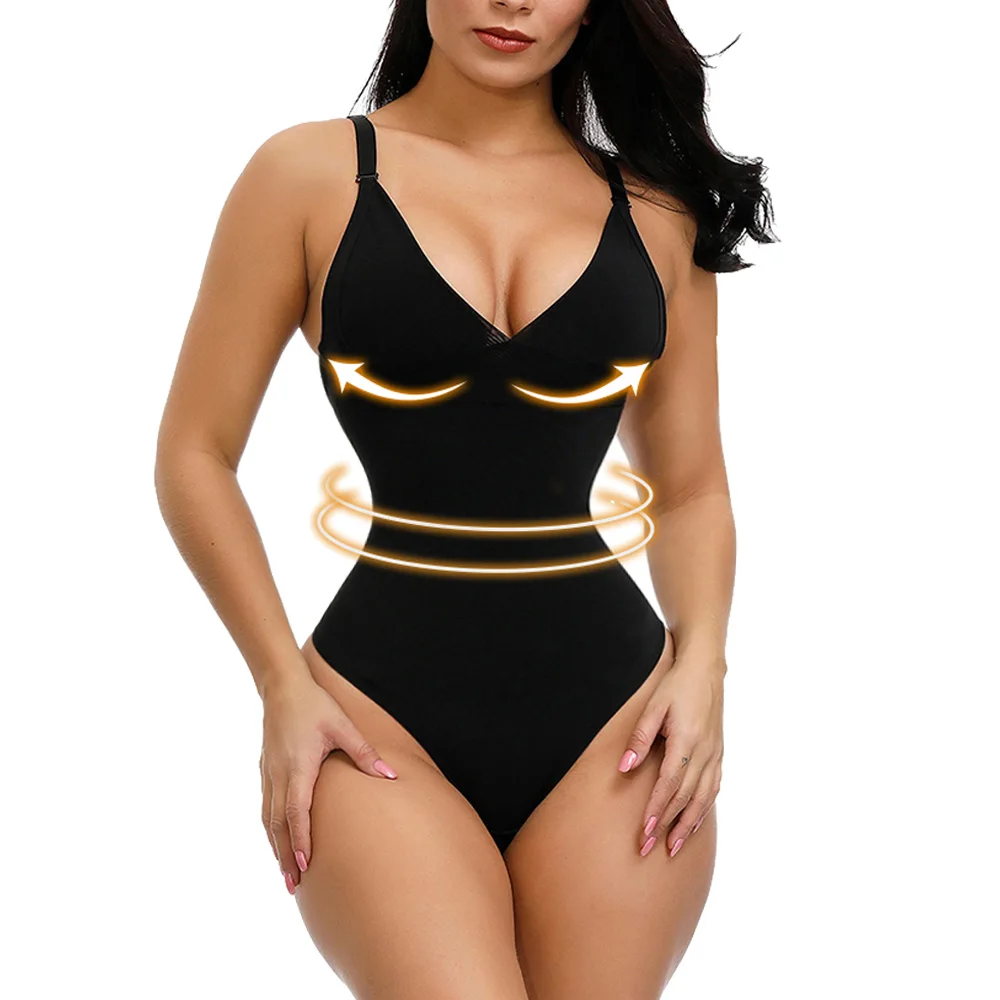 black shaperwear HEXIN, Женское боди с глубоким v-образным вырезом на бретелях, Корректирующее белье с открытой спиной, бесшовное корректирующее белье, утягивающий корсет с эффектом пуш-ап - Цвет: black shaperwear
