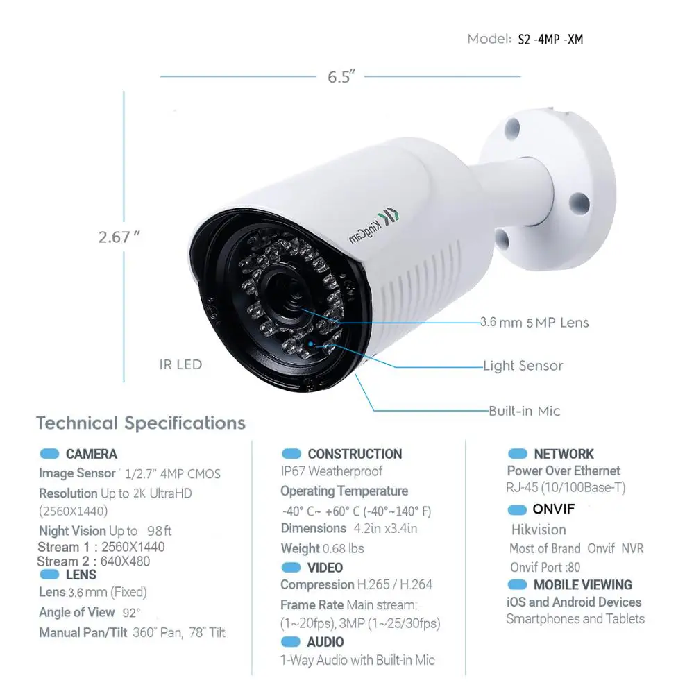 Камера видеонаблюдения Kingcam H.265 металлическая антивандальная 48 В 4 МП/1080P|camera 4mp|poe
