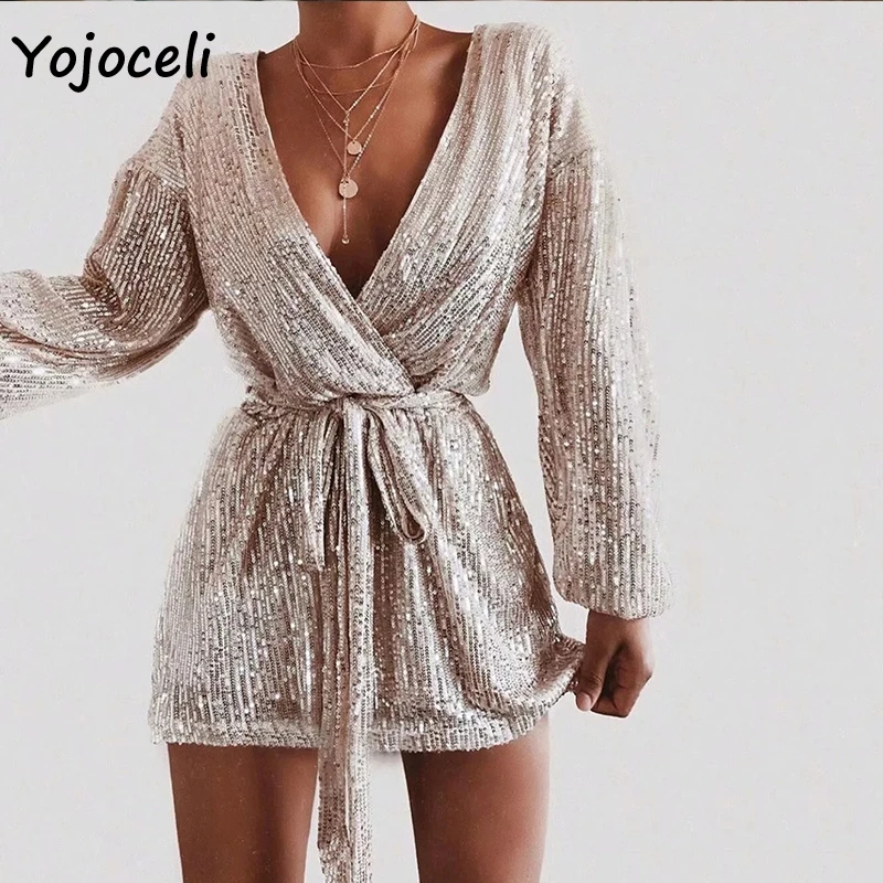 Yojoceli, сексуальное женское платье с v-образным вырезом, с блестками, вечерние, Клубные, с бантом, мини-платье, шикарное, с блестками, платье на день рождения