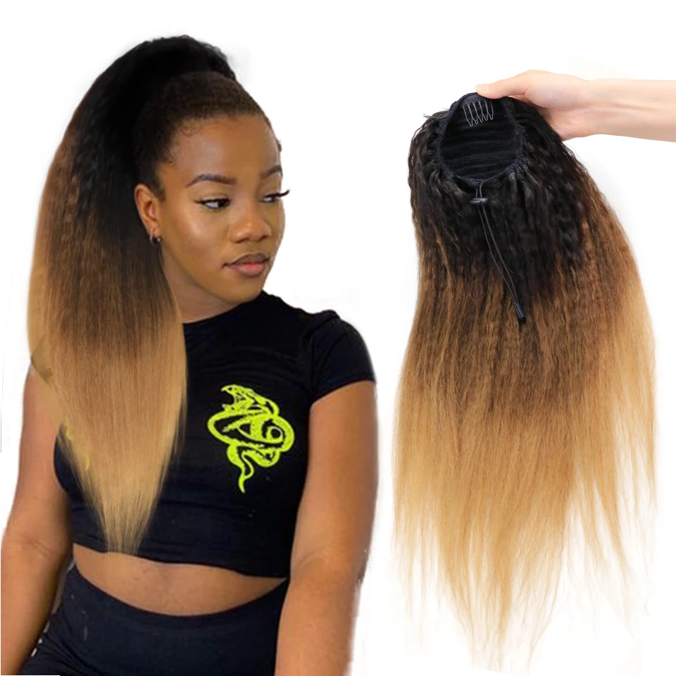 MRSHAIR Ponytail Hair Extensions Ombre Human Hair Drawstring Clip ins Remy 1B T1B-4-27 100-150G 24inch 150Grams
