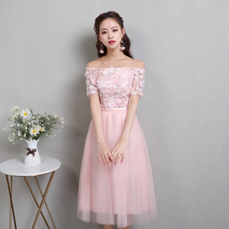 

Vestido Azul Marino Party Wedding Guest Dress Tea-Length Boat Neck Pink Bridesmaids Dresses Sister Elegant Dress Prom Azul Royal